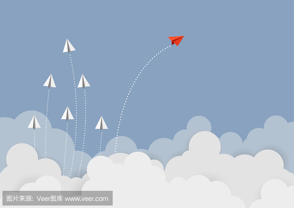 经营理念。红纸飞机在蓝天上变换方向飞行,商业团队的一种不同的愿景。领导者,新想法,老板,经理,赢家概念,趋势。矢量图